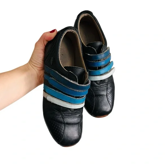 LACOSTE Mystere Punched Striped Velcro Leather Sneaker Black Blue Sz 5.5 US/ 36 - Picture 8 of 13